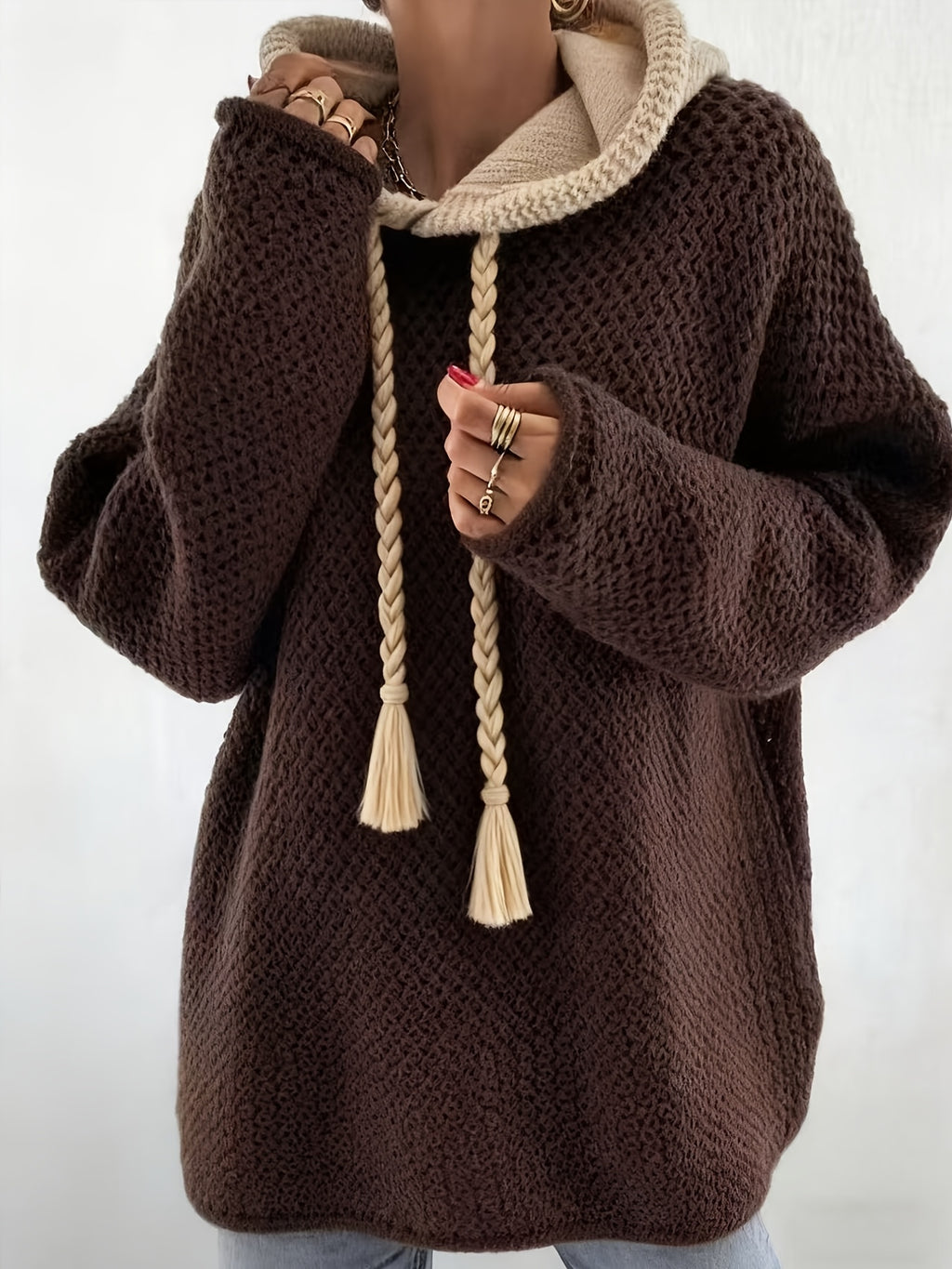 Blusa Feminina Elegante com Capuz - Suéter Semi-Transparente Macio e Detalhes de Franjas, Manga Longa Lavável na Máquina para Outono/Inverno, Casual ou Formal, Tecido Durável, Corte Relaxado