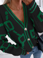 Casaco de malha com blocos de cor, casaco de malha com botões em decote em V, tops casuais para outono e inverno, roupa de mulher