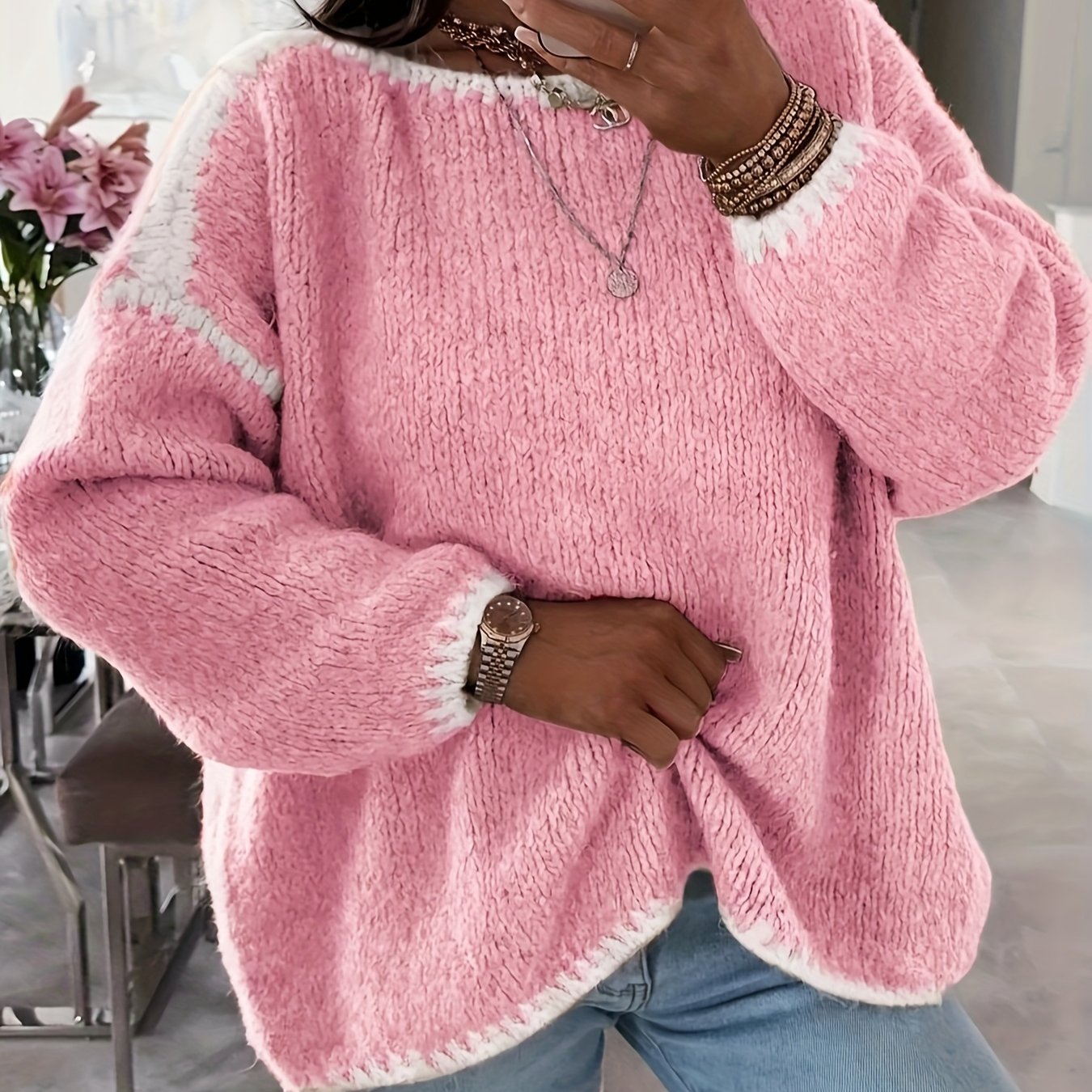 Chic Color Block Off-Shoulder Knit Sweater
