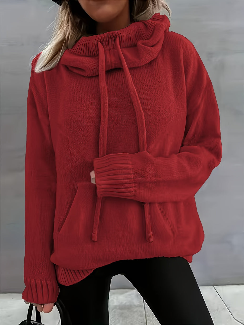 2025 Nova Outono E Inverno Mulher Casual Versátil Cor Sólida Com Cordão Bolsa Capuz Pulôver