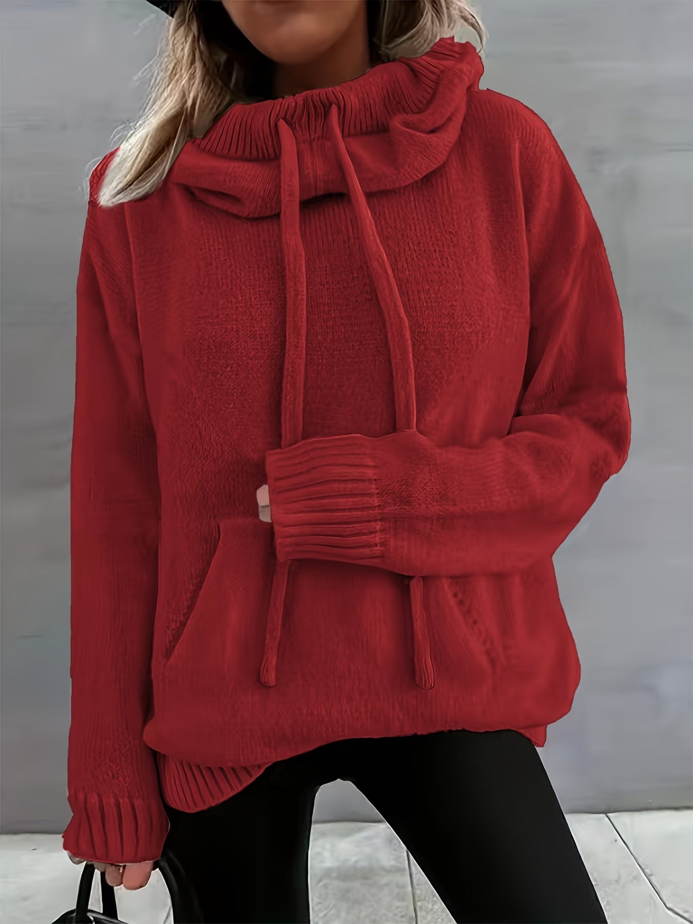 2025 Nova Outono E Inverno Mulher Casual Versátil Cor Sólida Com Cordão Bolsa Capuz Pulôver