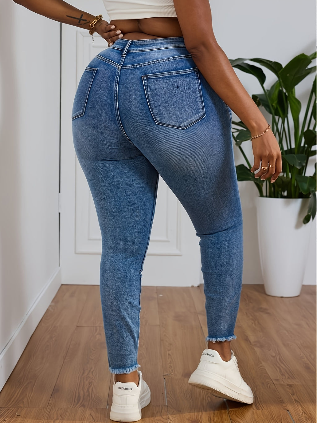 Jeans Skinny de Cintura Alta para Mulheres - Jeans Skinny com Elástico, Franja na Barra e Passantes para Cinto, Calças Azuis Ajustadas para Todas as Estações com Jaquetas de Jeans (Lavável à Mão) - Jeans  e Elásticos para Mulheres Curvilíneas