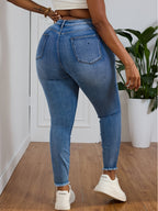 Jeans Skinny de Cintura Alta para Mulheres - Jeans Skinny com Elástico, Franja na Barra e Passantes para Cinto, Calças Azuis Ajustadas para Todas as Estações com Jaquetas de Jeans (Lavável à Mão) - Jeans  e Elásticos para Mulheres Curvilíneas