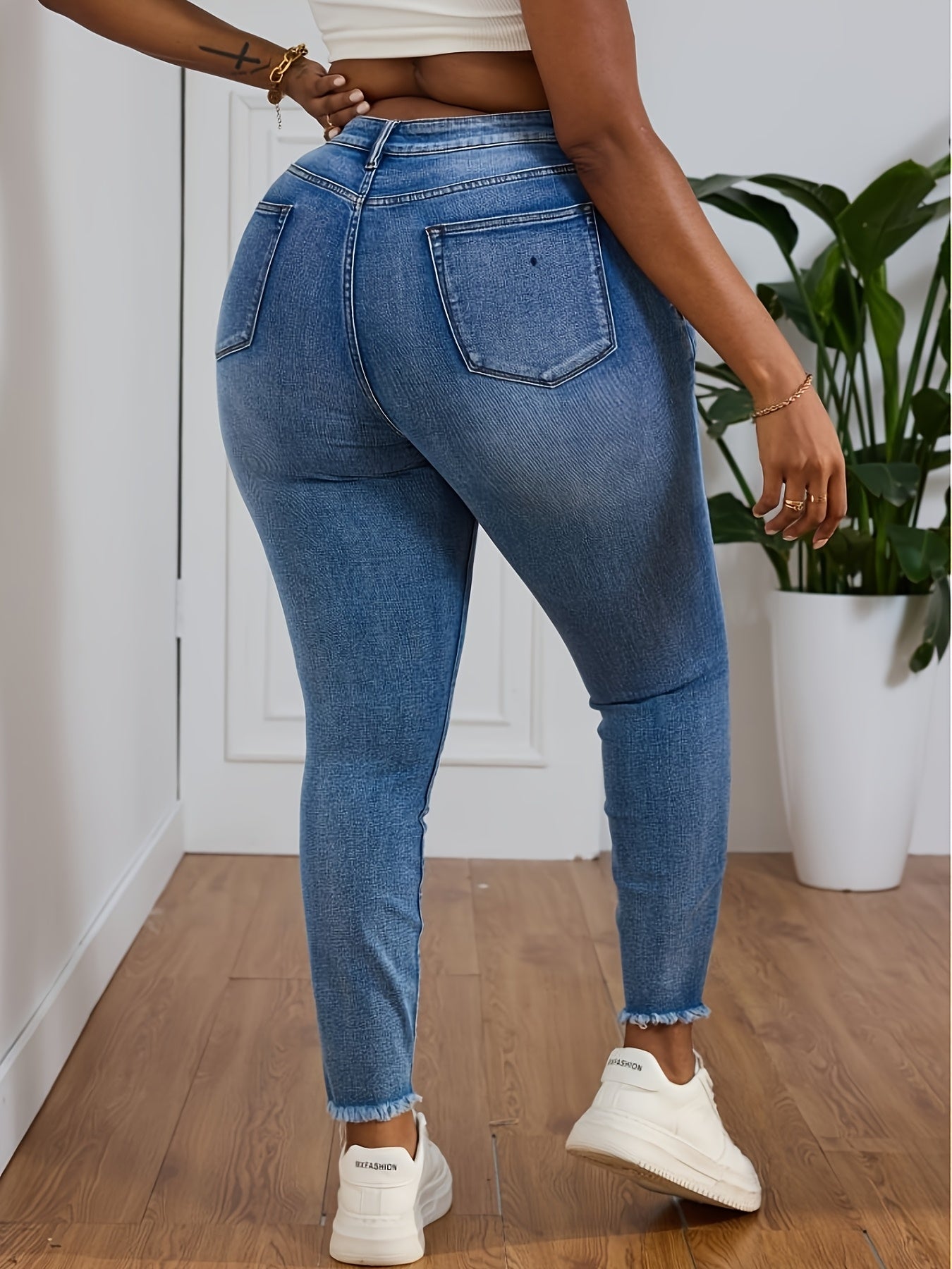 Jeans Skinny de Cintura Alta para Mulheres - Jeans Skinny com Elástico, Franja na Barra e Passantes para Cinto, Calças Azuis Ajustadas para Todas as Estações com Jaquetas de Jeans (Lavável à Mão) - Jeans  e Elásticos para Mulheres Curvilíneas