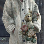 Cozy Hooded Cardigan with Floral & Bunny Print