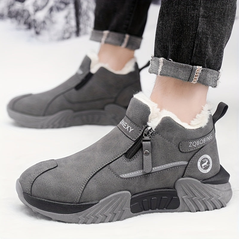 Botas de Neve Unissex para Inverno, Simples e Modernas em Cores Sólidas de Cinza, Preto, Caqui, Design Superior em PU, Design de Calçar Fácil, Sola de PVC Espessa e Macia Resistente ao Desgaste com Aderência Forte, Forrada para Calor e Conforto, Sapatos Deslizantes para Preguiça, Adequados para