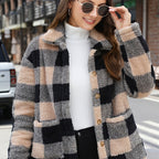 Teddy Coat with Plaid Pattern and Patched Pockets