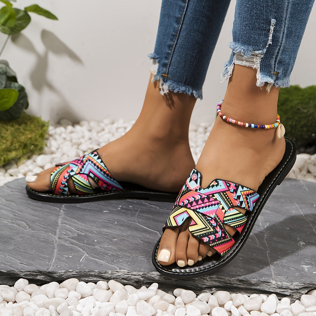 Sandálias de Verão Casuais para Mulheres - Elegantes Chinelos Planos de Dedo Aberto com Padrão Geométrico Vibrante, Cano Marrom e Sola de Borracha Preta, Perfeitas para a Praia ou Vestuário Casual, Calçado de Praia | Sandálias com Padrão Geométrico | Sandálias com Cano de Lona