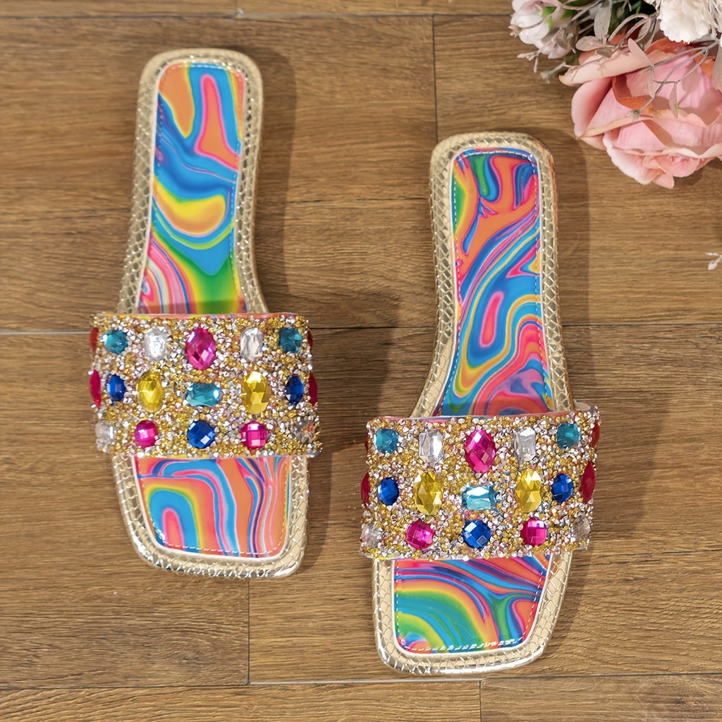 Sandálias Femininas Coloridas com Strass - Elegantes Sandálias de Dedo Aberto para o Verão com Design de Pedras Preciosas Vibrantes, Chinelos Casuais Confortáveis para Festas e Eventos ao Ar Livre, Calçados de Praia | Sandálias Vibrantes | Decorações com Pedras Preciosas, Sandálias Femininas