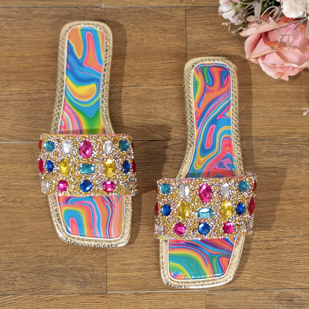 Sandálias Femininas Coloridas com Strass - Elegantes Sandálias de Dedo Aberto para o Verão com Design de Pedras Preciosas Vibrantes, Chinelos Casuais Confortáveis para Festas e Eventos ao Ar Livre, Calçados de Praia | Sandálias Vibrantes | Decorações com Pedras Preciosas, Sandálias Femininas