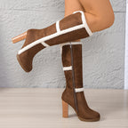 Botas de Neve de Inverno para Mulheres com Gola Falsa & Pelúcia - Salto Grosso Bloco, Sola Grossa de TPR, Fechamento com Zíper e Bico Redondo - Botas de Salto Alto Pretas e Brancas com Bico Redondo para Gelo e Neve (Somente Limpeza a Seco)