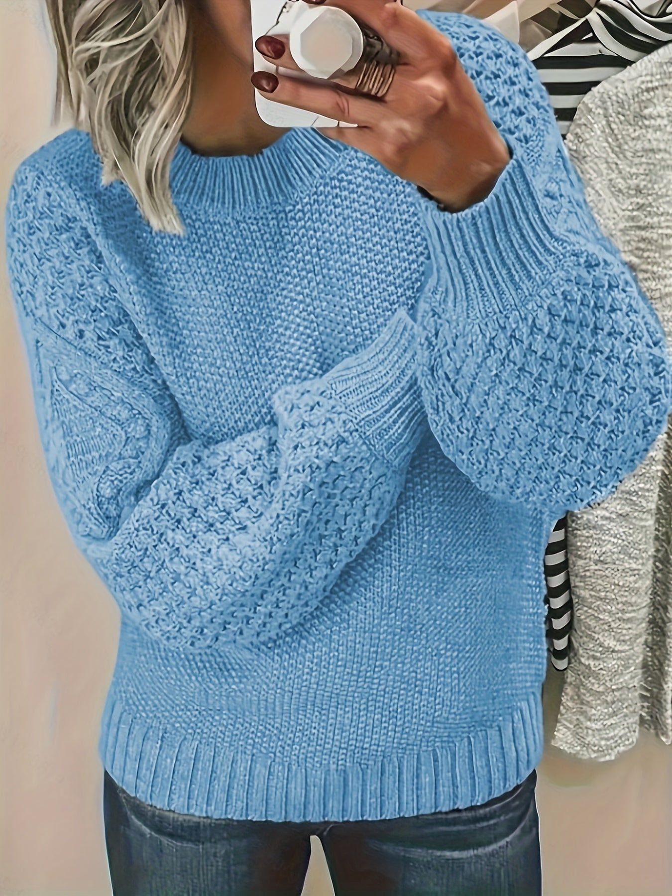 Suéter Casual Oversized Feminino Outono Inverno 2024 - Rosa Suave com Gola Redonda e Manga Longa Design Abajur, Ajuste Confortável para Tamanhos Grandes, Lavagem Manual, Estampa Texturizada, Tecido de Fio de Qualidade