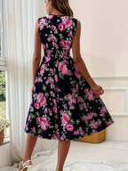 Vestido Feminino Elegante Decote em V Curto a Médio Comprimento A-Line - Sem Mangas, Cintura Smock, Estampa Floral Vermelho e Verde, Lavável à Máquina, Primavera Verão, Convidada de Casamento, Festa, Vestido Semi-Transparente para Mulheres