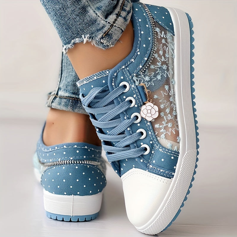 Tênis Casual Feminino com Malha Floral e Cobertura - Sapatos de Primavera Respiráveis de Cano Baixo com Cadarço e Bico Redondo, Calçado Confortável e Durável para Looks Casuais, Tênis Femininos, Calçado Estiloso ChicMe