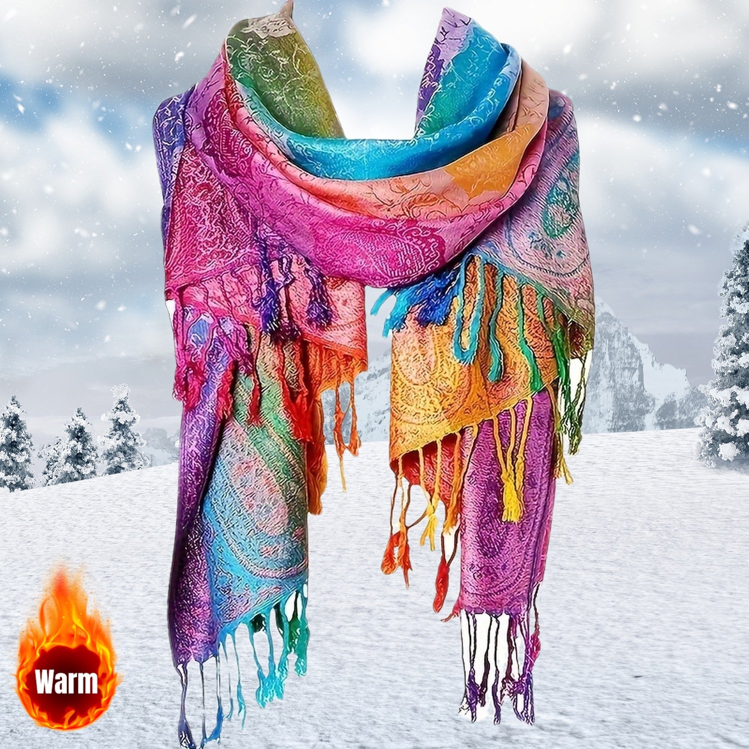 Lenço Jacquard Paisley Chic com Franjas em Degradê Arco-íris Bohemian, Xale Fashionável e Quente para o Carnaval Feminino