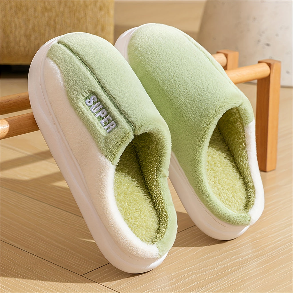 Chinelos de Inverno Bordados e Aconchegantes para Mulheres - Sola Macia, Sapatos de Conforto Fofo para Uso Interno, Design Bicolor com Patch "Super", Ideais para Uso em Casa, Chinelos de Quarto