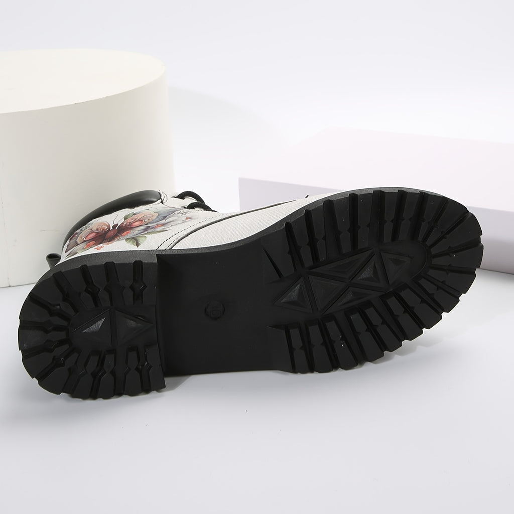 Botas femininas com estampa de borboleta na moda, botas curtas com cadarço, botas confortáveis ​​femininas
