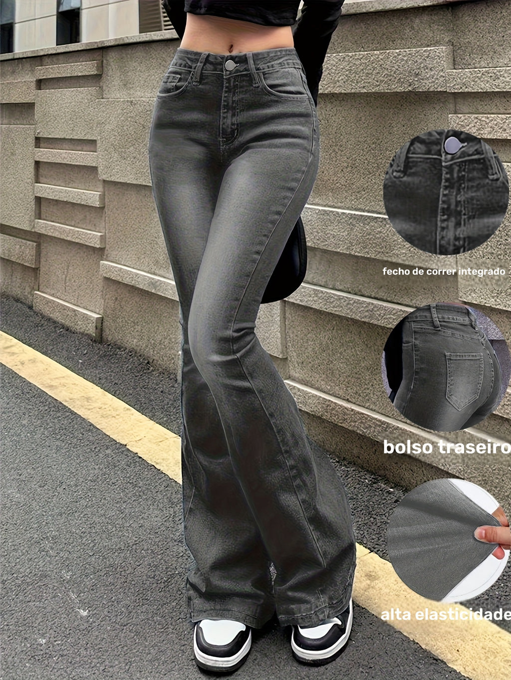 Calças de ganga de cintura alta e elásticas para mulheres - Corte justo com cintura média e bainha de sino com bolsos inclinados, em denim azul lavado e com fecho integrado, para uso casual em todas as estações, calças de ganga de cintura alta, moda confortável, tecido durável, calças versáteis, estilo vintage, costura de qualidade, calças elegantes, moda feminina