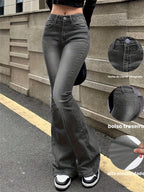 Calças de ganga de cintura alta e elásticas para mulheres - Corte justo com cintura média e bainha de sino com bolsos inclinados, em denim azul lavado e com fecho integrado, para uso casual em todas as estações, calças de ganga de cintura alta, moda confortável, tecido durável, calças versáteis, estilo vintage, costura de qualidade, calças elegantes, moda feminina