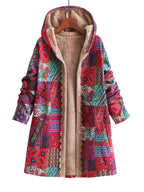 Casaco com Capuz Forrado de Fleece com Estampa Paisley & Floral Colorida - Quente, com Botões, Manga Longa, Roupa de Fora para Mulheres, Lavável à Máquina