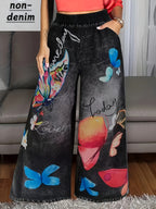 Calças Plus Size Femininas de Perna Larga com Cintura Elástica e Estampa de Borboleta - Calças Maximalistas de Comprimento Total Adequadas para Uso Casual, Escritório e Semi-Formal - Linha Especial Elegante - Calças