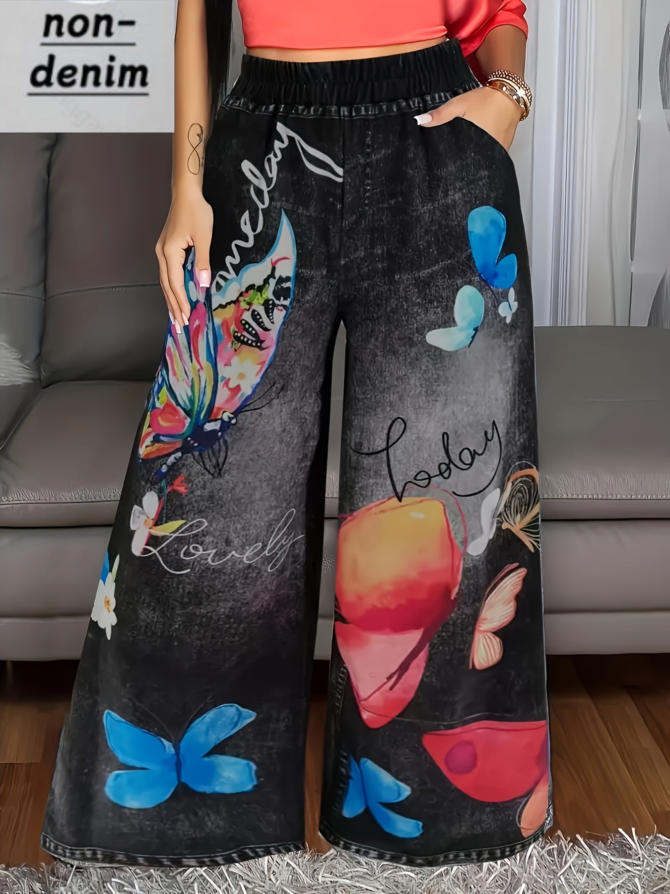 Calças Plus Size Femininas de Perna Larga com Cintura Elástica e Estampa de Borboleta - Calças Maximalistas de Comprimento Total Adequadas para Uso Casual, Escritório e Semi-Formal - Linha Especial Elegante - Calças