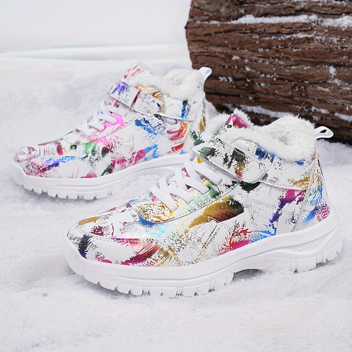 Botas de neve de inverno de pelúcia para mulheres - Salto médio acolchoado e grosso, bico redondo e fecho, padrão floral vibrante, forro de lã quente, perfeitas para ocasiões casuais e formais, botas de neve para mulheres, calçado formal, calçado com padrão decorativo, sola de EVA durável