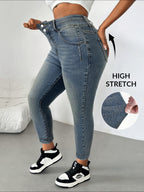 Jeans Elásticos Slim-Fit para Mulher - Estilo Elegante e Justo para o Outono, Perfeitos para Saídas Casuais, Calças de Ganga Elásticas de Cintura Subida.