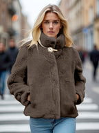 Casaco Curto de Inverno Feminino com Gola - Jaqueta Elegante e Quente, Fechamento com Botões, Lavável na Máquina, Comprimento Curto para Outono/Inverno, Design de Cor Sólida (Sem Transparência) - Ideal para Uso Diário/Casual