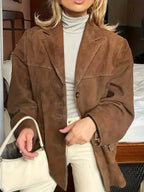 Conjunto Novo Retrô Solto com Lapela e Bolso em Cor Sólida para Mulheres Outono-Inverno