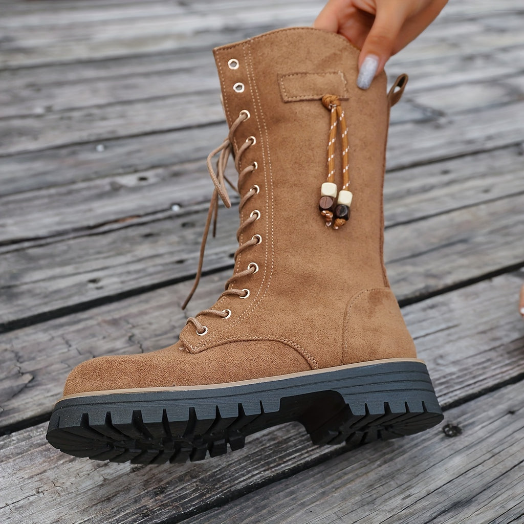 Botas de Cavaleira Femininas de Inverno Acima do Joelho (OTK) - Sola de Borracha Grossa e Salto Grosso, Botas de Montaria Marrom com Cadarço e Bico Redondo, Botas de Vestir para Equitação, Eventos Temáticos e Trajes Casuais (Lavagem à Mão)