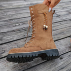 Botas de Cavaleira Femininas de Inverno Acima do Joelho (OTK) - Sola de Borracha Grossa e Salto Grosso, Botas de Montaria Marrom com Cadarço e Bico Redondo, Botas de Vestir para Equitação, Eventos Temáticos e Trajes Casuais (Lavagem à Mão)
