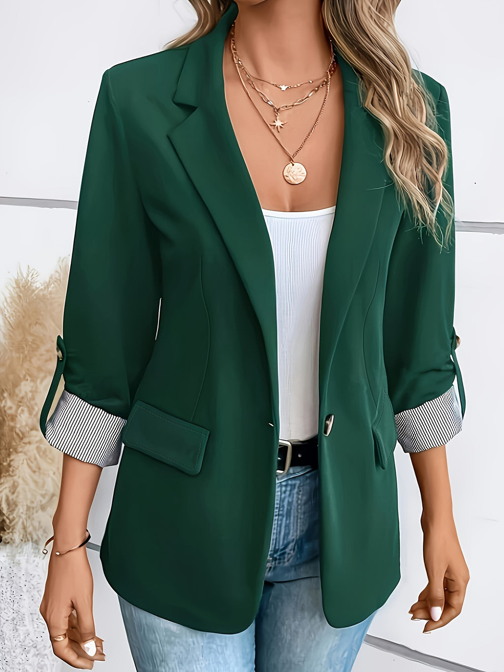 Blazer elegante de dupla abotoadura em azul claro para mulher, com gola de lapela e detalhe de punho - Manga três quartos, poliéster, casaco de moda primavera/outono