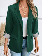 Blazer elegante de dupla abotoadura em azul claro para mulher, com gola de lapela e detalhe de punho - Manga três quartos, poliéster, casaco de moda primavera/outono