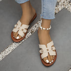 Sandálias Chinelas Femininas Chiques - Abertas Casualmente, Falso Cobertura com Tiras de Fivela Douradas, Sola de Borracha Confortável - Calçado Versátil para Todas as Estações