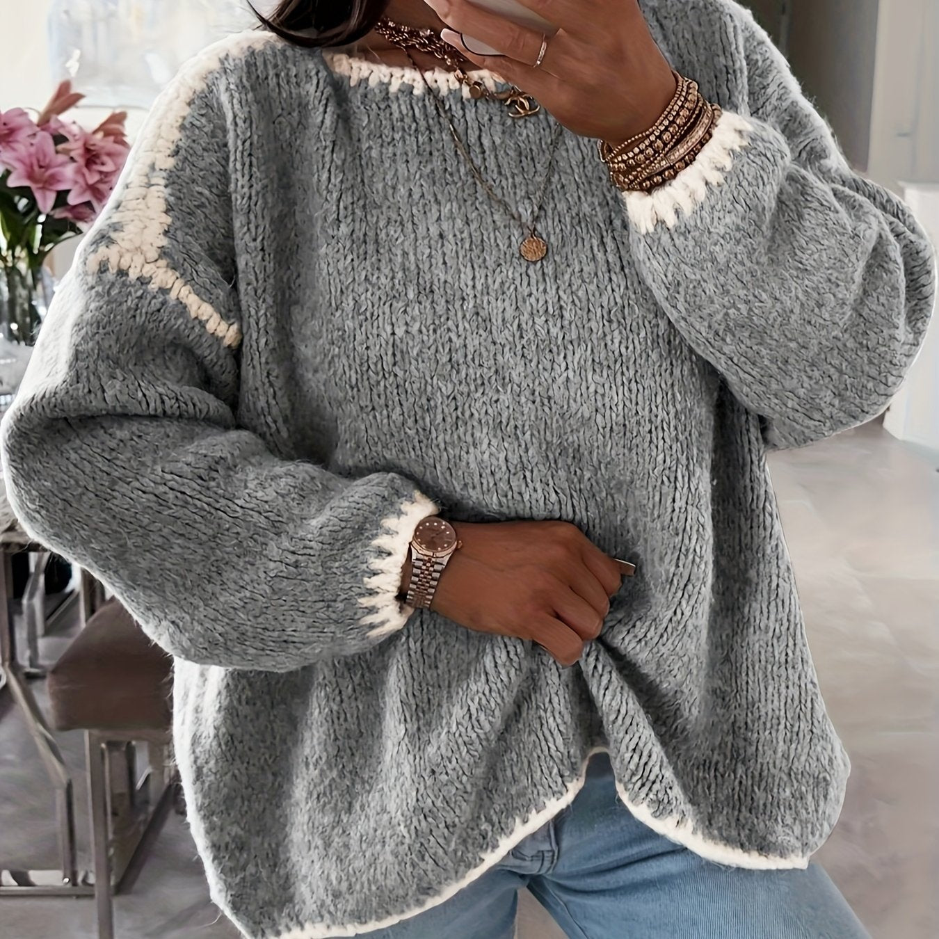 Chic Color Block Off-Shoulder Knit Sweater