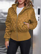 Casaco Acolchoado Casual com Capuz, Zíper e Cordão em Verde Militar