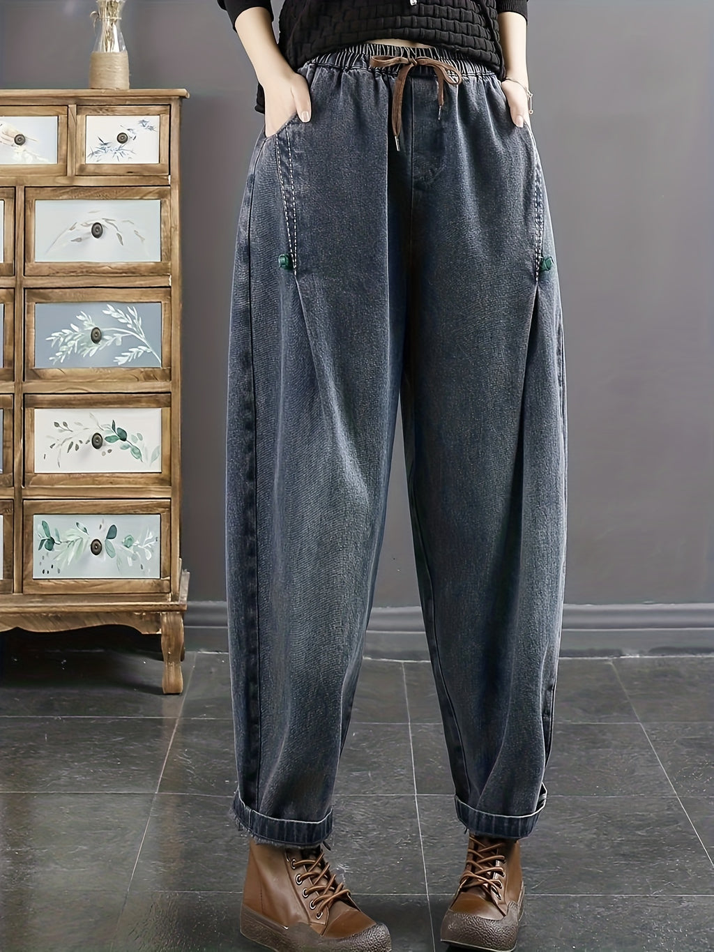 Calças Harlan Femininas Tamanho Grande - Cintura Elástica, Jeans Oversized Lavados, Ideais para Inverno, Uso Casual e Camadas, Calças Confortáveis de Bonusemption