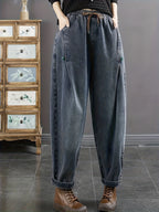 Calças Harlan Femininas Tamanho Grande - Cintura Elástica, Jeans Oversized Lavados, Ideais para Inverno, Uso Casual e Camadas, Calças Confortáveis de Bonusemption