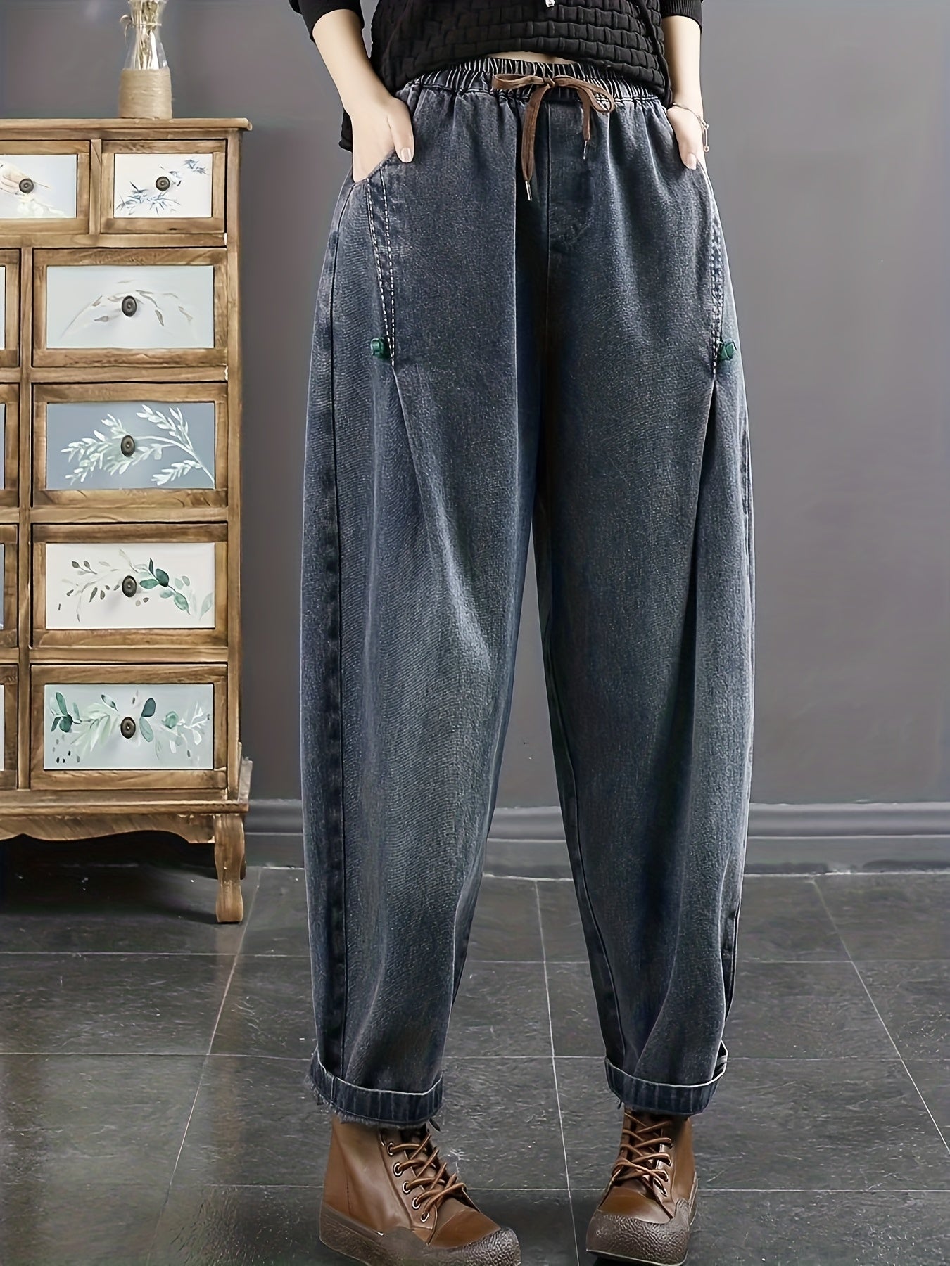 Calças Harlan Femininas Tamanho Grande - Cintura Elástica, Jeans Oversized Lavados, Ideais para Inverno, Uso Casual e Camadas, Calças Confortáveis de Bonusemption