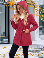 Casaco com Capuz Feminino para Outono e Inverno | Elegante Cor Sólida em Tecido Sem Elasticidade com Detalhes de Cordão, Casaco Quente Leve de Alta Qualidade para Uso Diário.