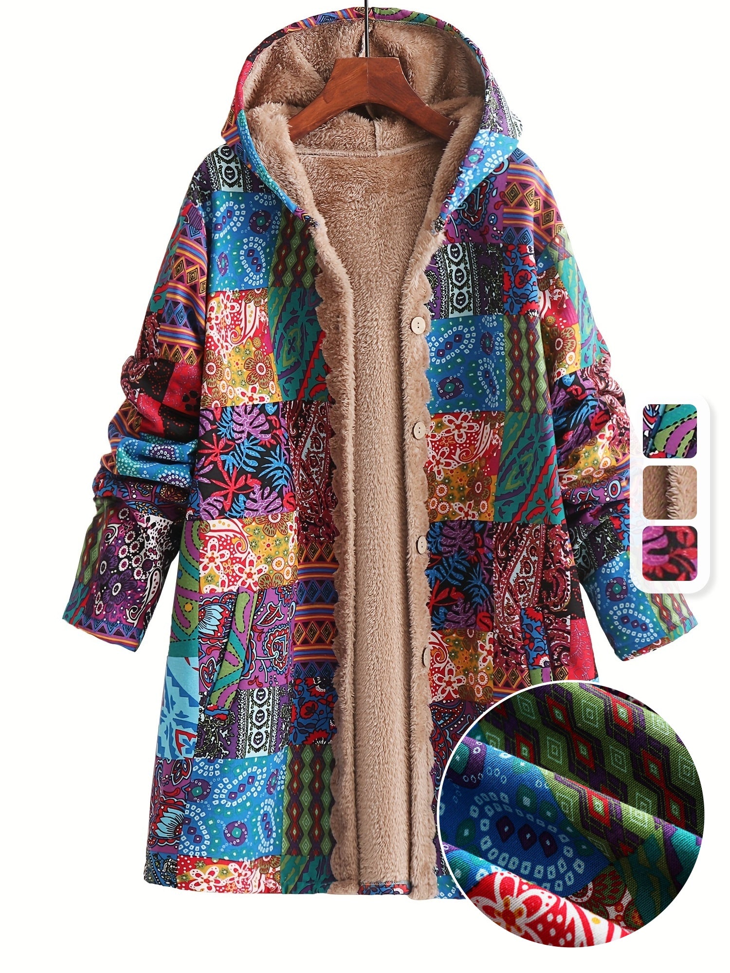 Casaco com Capuz Forrado de Fleece com Estampa Paisley & Floral Colorida - Quente, com Botões, Manga Longa, Roupa de Fora para Mulheres, Lavável à Máquina