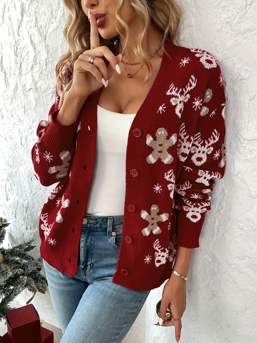 Suéter Feminino Fan Flo de Natal com Rena e Flocos de Neve - Decote em V com Botões, Manga Longa Canelada, Lavável à Máquina, Pulôver Casual Elegante para Festas de Inverno, Padrão Festivo, Tecido Durável, Elasticidade Média