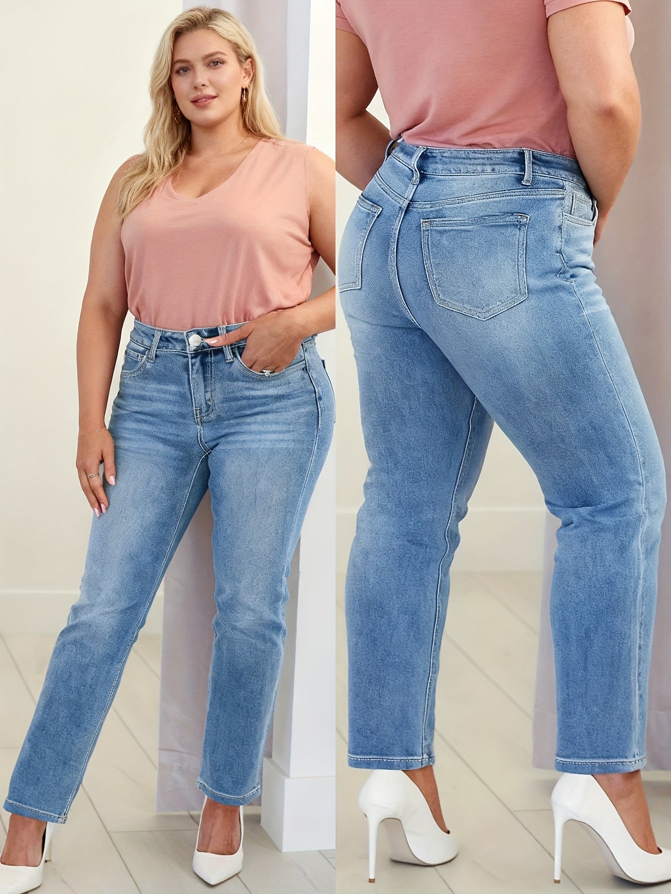 Calças Jeans Plus Size Femininas de Cintura Alta e Elásticas - Azul Claro, Perna Larga com Zíper Completo na Frente, Silhueta H-Line (Sem Passantes) - Calça Elegante para Todos os Estilos: Casual ou Social - Lavável em Máquina