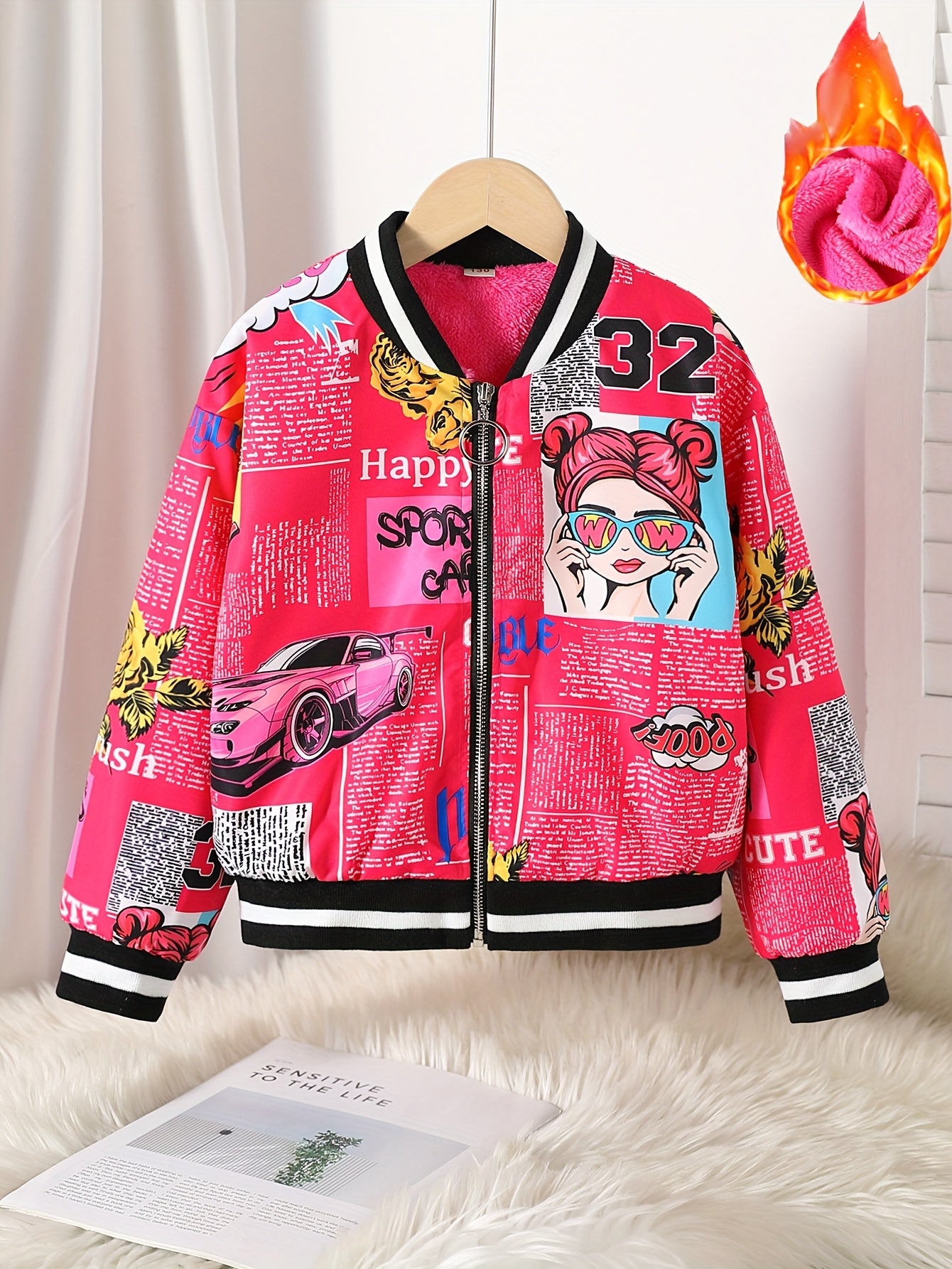 Jaqueta Bomber Aconchegante com Forro de Fleece e Estampa de Pop Art para Meninas - Casaco Casual com Zíper Estilo Baseball para Outono/Inverno, Tamanhos 130-170