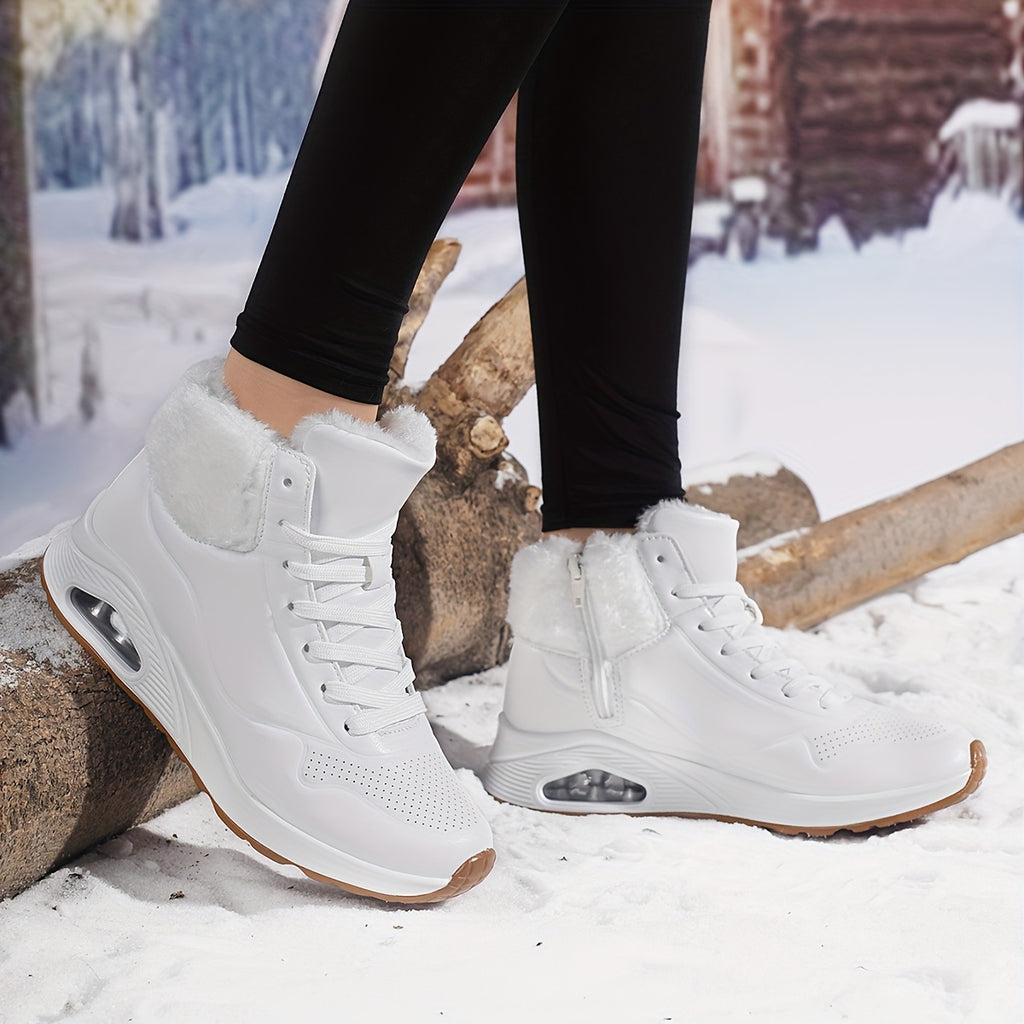 Botas de inverno para mulheres com cano médio, forro de lã espessa e parte superior de PU respirável - Botas de neve com biqueira redonda para clima frio, looks casuais e desportivos, botas de inverno, calçado para exterior, calçado moderno, construção durável