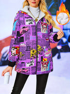 Jaqueta Casual com Capuz para Mulheres Adultas, Estampa Pop Graffiti e Forro, Outono/Inverno