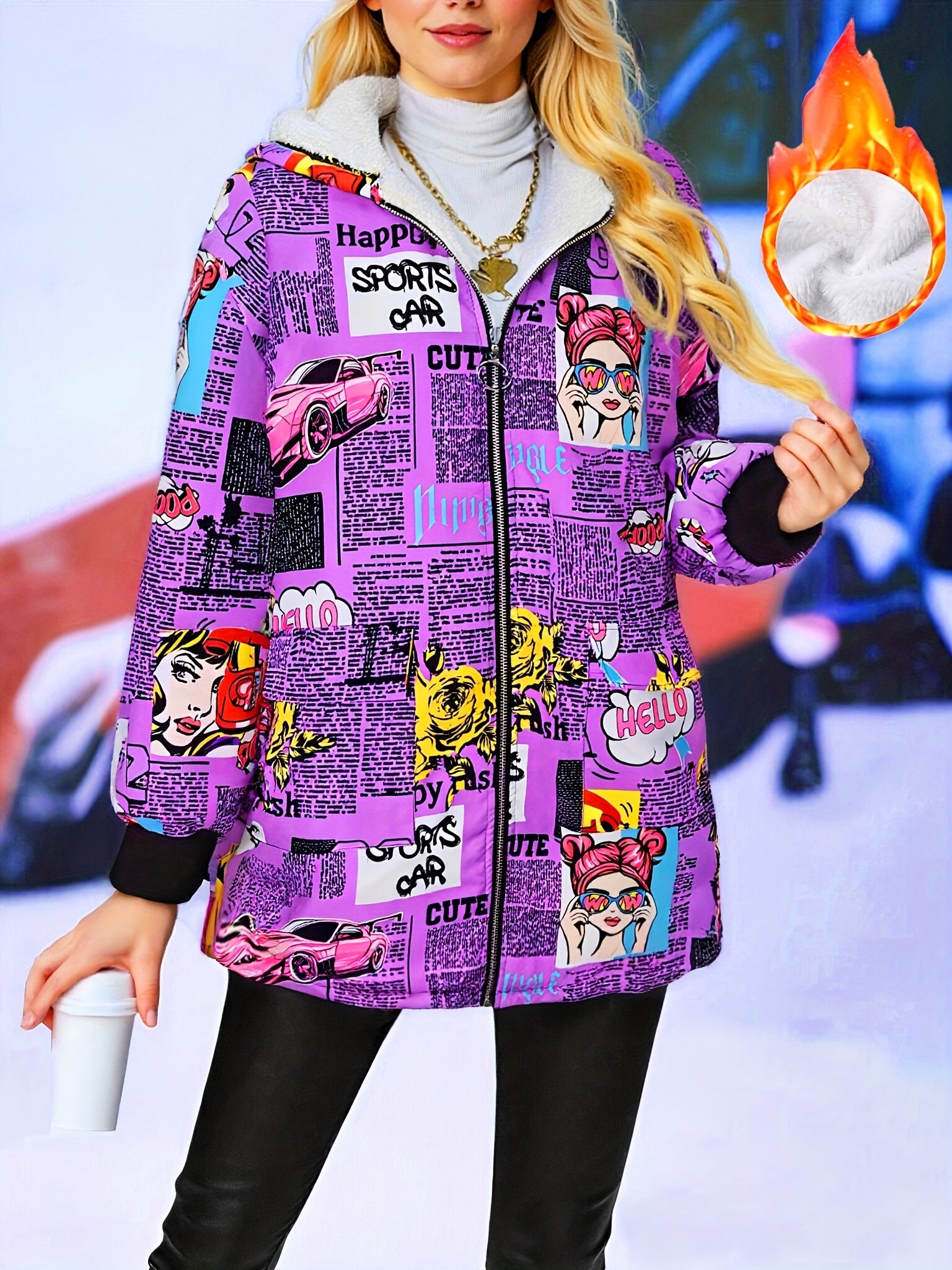 Jaqueta Casual com Capuz para Mulheres Adultas, Estampa Pop Graffiti e Forro, Outono/Inverno