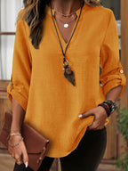 Camisa de Imitação de Denim Cinza Claro Plus Size Feminina - Blusa Elegante Casual de Manga Longa e Gola Redonda, Lavável à Máquina para Primavera/Verão, Design Minimalista, Textura Semelhante a Linho, Tecido Não Transparente, Combinável com Leggings, Material Respirável, Estilosa