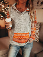 Moletom Feminino Estilo Bohemian Ocidental com Capuz - Blusa Casual de Botões Retro, Cinza e Azul para Todas as Estações, Lavável na Máquina, Conforto Diário, Tecido Texturizado, Chic Rústico